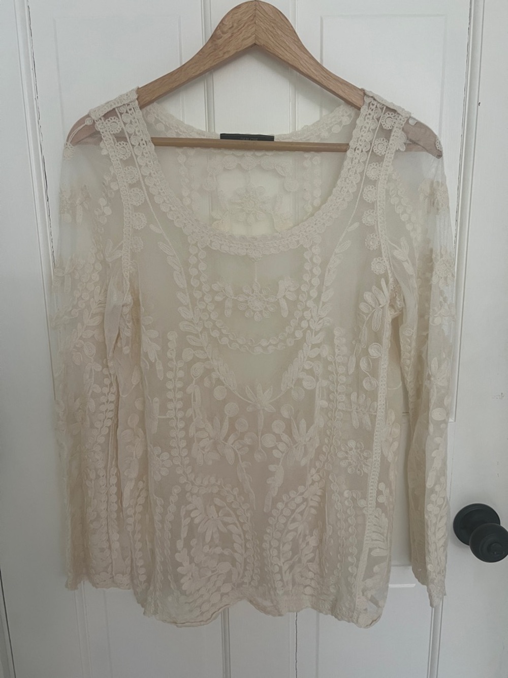 Sheer Lace Embroidered Scoop Neck Top - Cream